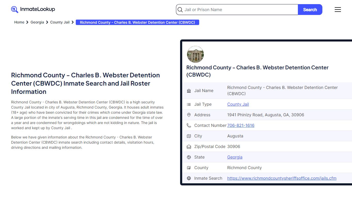 Richmond County - Charles B. Webster Detention Center (CBWDC) Inmate ...