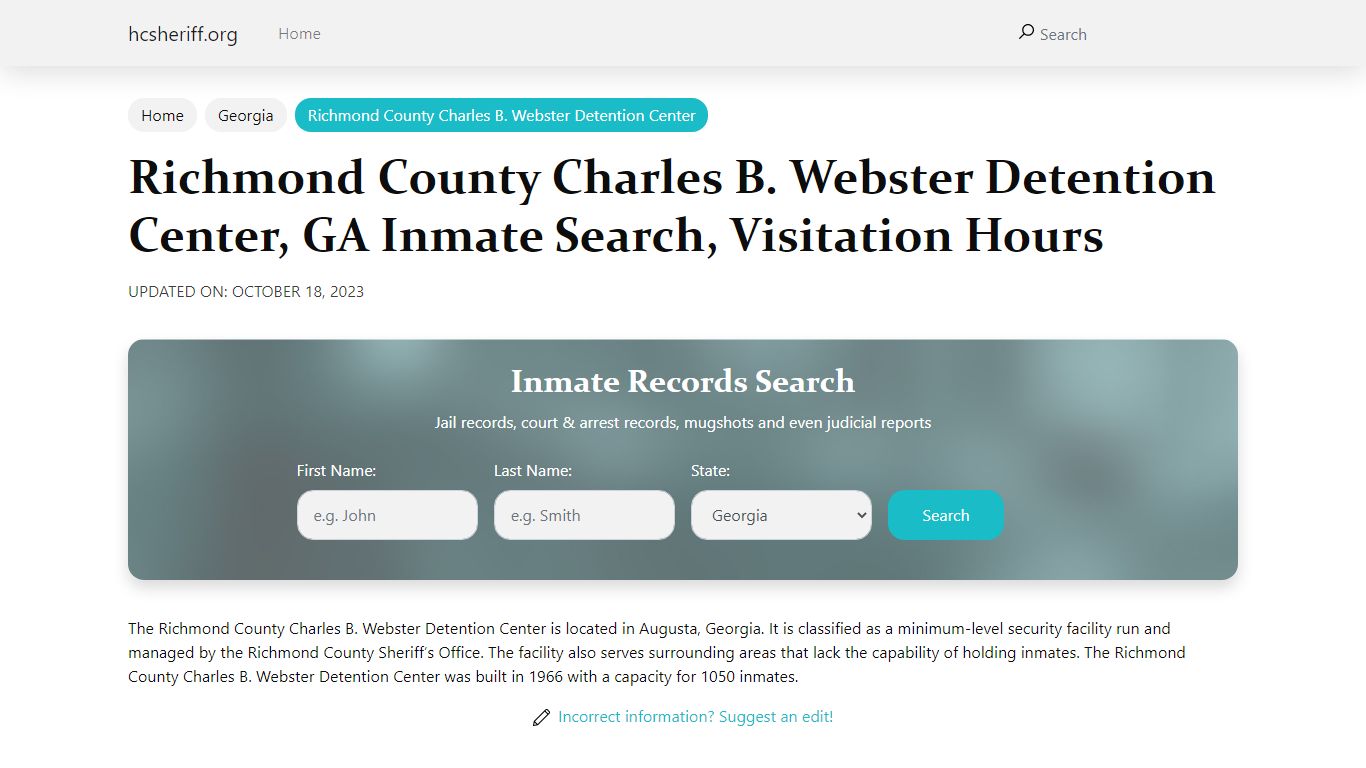 Richmond County Charles B. Webster Detention Center, GA Inmate Search ...